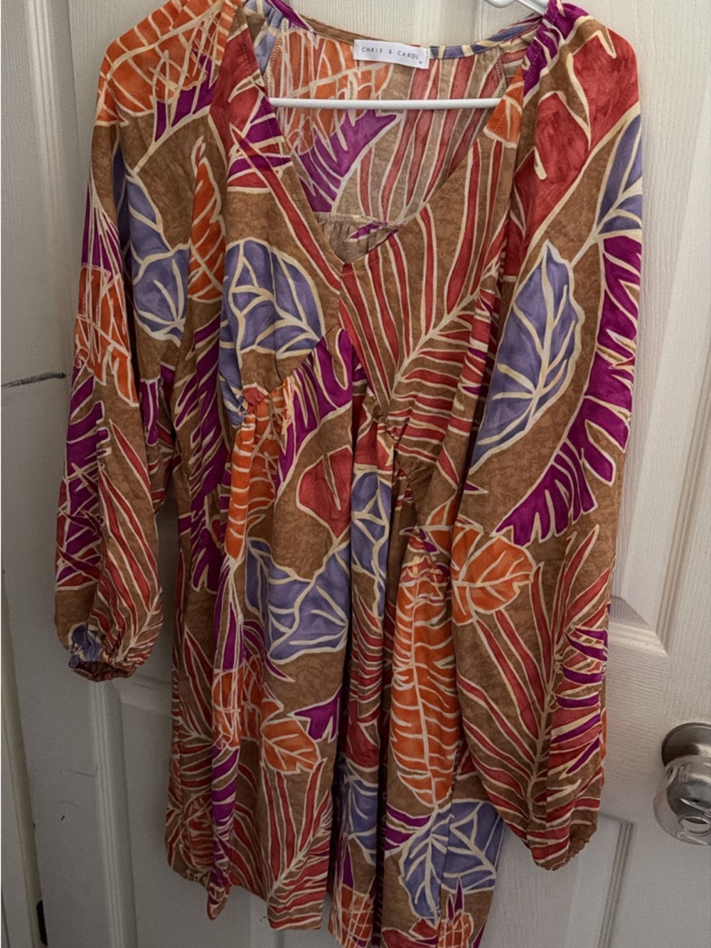 Chris & Carol V-Neck Tropical Leaf Tunic in Purple, Orange & Brown